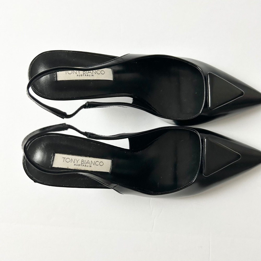 Tony Bianco Bertie Black Leather Pointed Toe Slingback Heels Triangle Plaque 7 - Picture 5 of 8